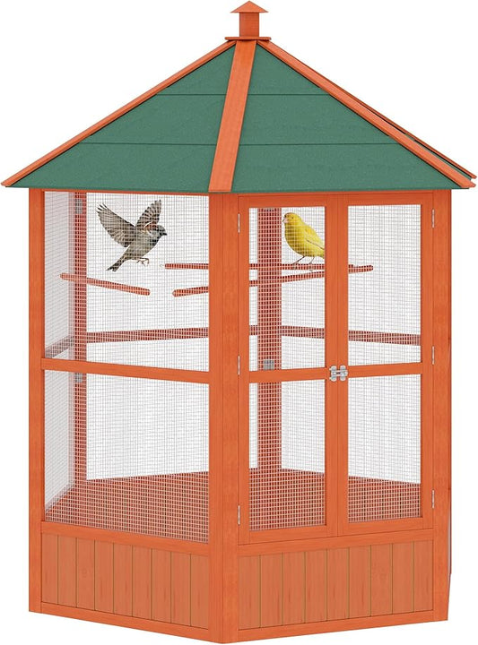 PawHut 69" Large Wooden Hexagonal Outdoor Aviary Flight Bird Cage with Covered Roof, Brown
