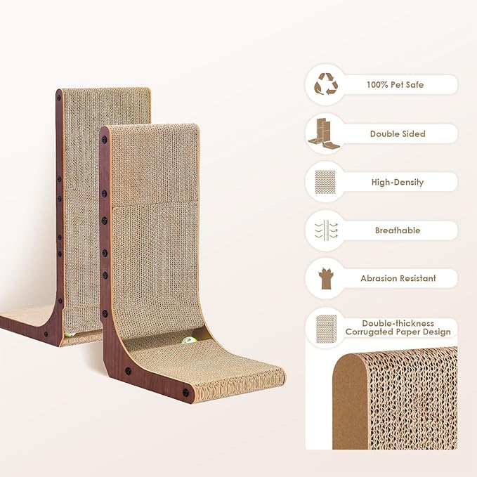EHEYCIGA Cardboard Cat Scratcher for Indoor Cats, 32 Inch L Shaped Vertical Cat Scratching Board with Ball Cat Toy, Extra Large Cat Scratcher Pad, Dark Brown