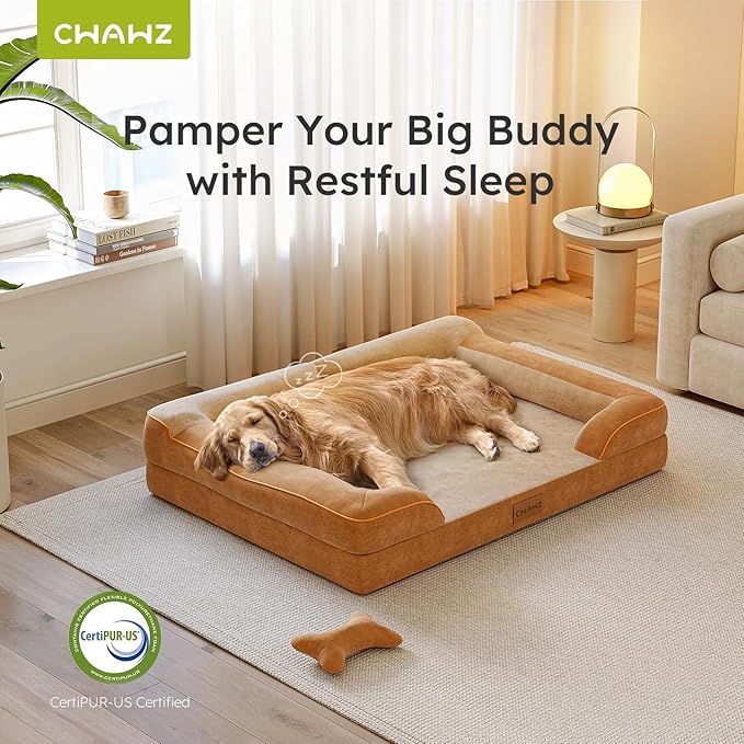 CWAWZ XXL Dog Bed for Extra Large Dogs, Giant Orthopedic Dog Bed with Cooling Gel Memory Foam, Waterproof Pet Bed with Removable Washable Cover, 53" Pet Sofa Bed Dutch Velvet with Bone Toy, Brown