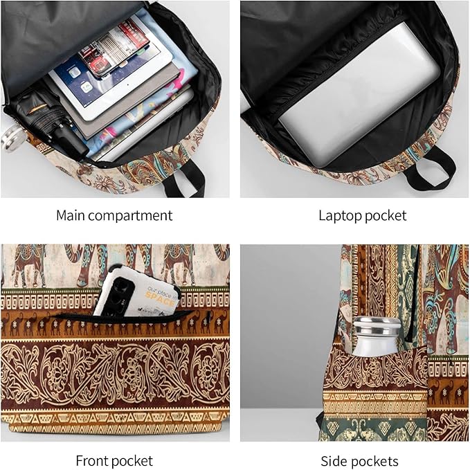 lotus elephants Backpack for Women 16.7 inch Travel Casual Laptop Backpack Lightweight Waterproof Durable Hiking Daypack
