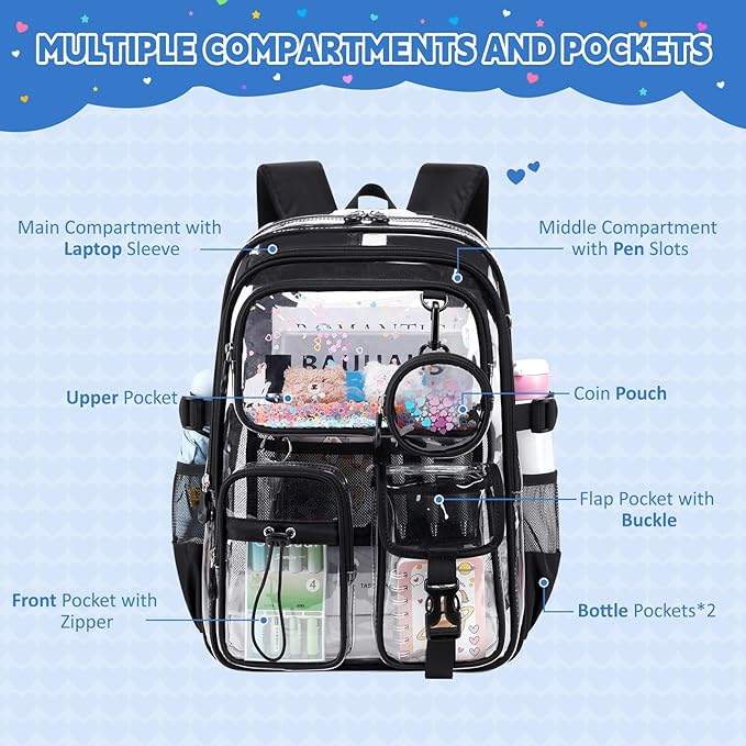 Clear Backpacks for Stadium Events Heavy Duty Clear Bookbag for School Girls Transparent Back Pack