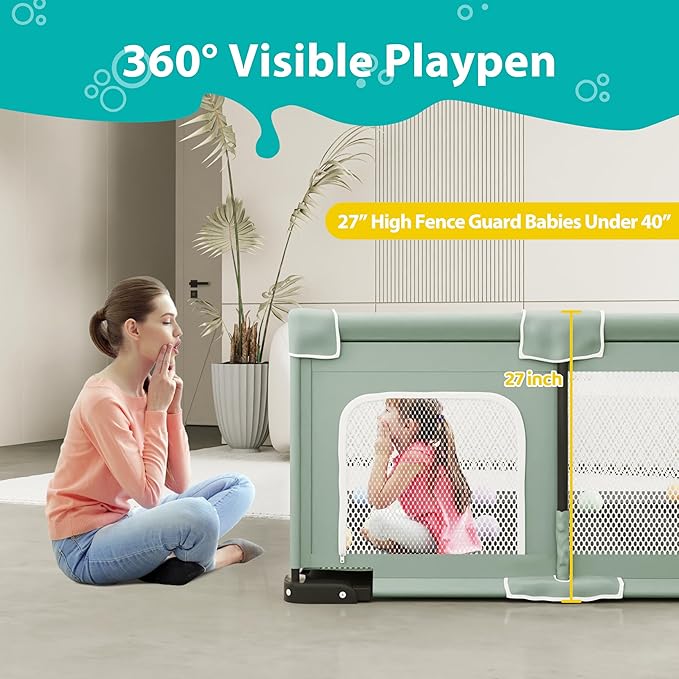 ICAREWAY Foldable Playpen for Babies and Toddlers, 50x50 Inches Portable Playpen, Kids Collapsible Play Pen with 2 Handlers, Indoor & Outdoor Baby Fence Play Area with Visible Mesh, Light Green