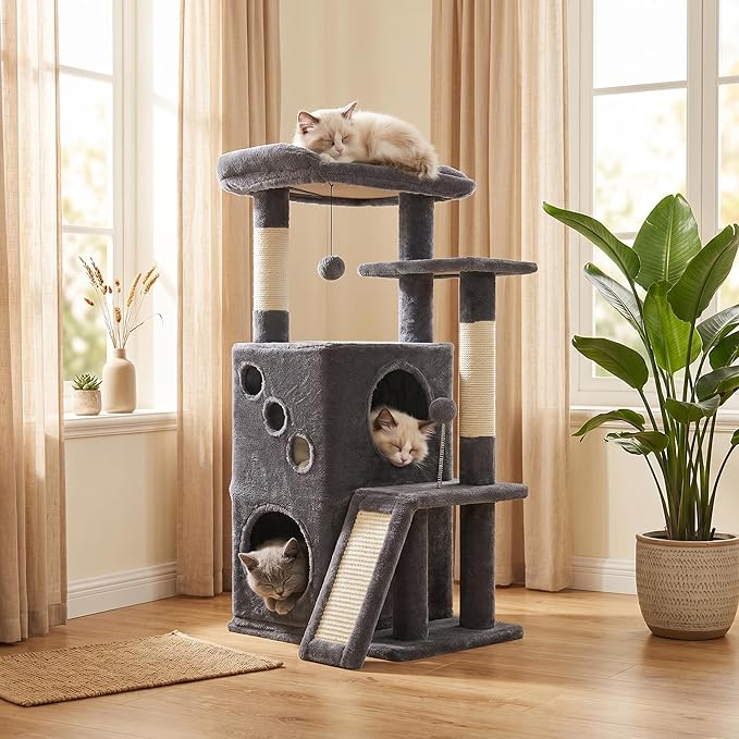 PETEPELA Cat Tree for Indoor Cats, 34.6" Small Cat Tower with Scratching Posts, 2 Condos, Scratching Ramp & Dangling Toys, Cat Play House for Multi-Cat Households, Dark Grey