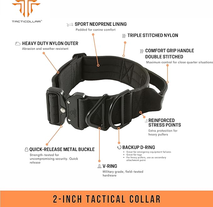 Tacticollar - 2 inch Tactical Dog Collar with Handle for Medium and Large Dogs, Mil Spec Nylon Collar, Quick-Release Metal Buckle, Neoprene Padded Inside (Large, Black)