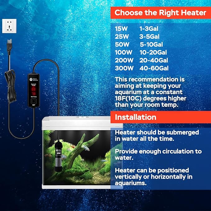 AquaMiracle 50W Small Aquarium Heater Fish Heater, Super Mini Fish Tank Heater Turtle Tank Heater for 5-10 Gal Tanks, with Dual LED Display, Dry-Run/Overheating Protection & Memory Function