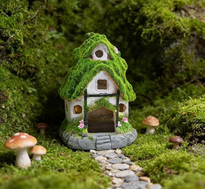 M2cbridge Aquarium Decorations Fish Hideout House Betta Cave Landscape Garden Decoration with Green Lifelike Moss (Garden Shed)