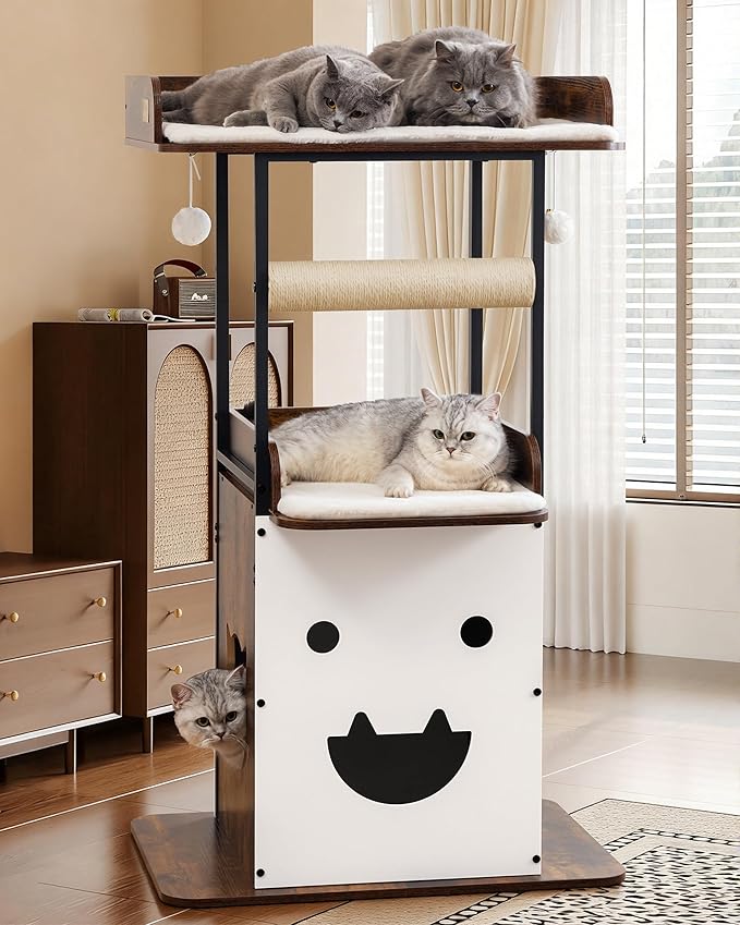 Wood Modern Cat Tree Tower for Indoor Large Cats, 48-Inch Tall Wooden Cat Trees with Big Perch Bed, Multi-Level Condo with Scratching Board Posts, Removable Pads, Cat Furniture, Rustic Brown