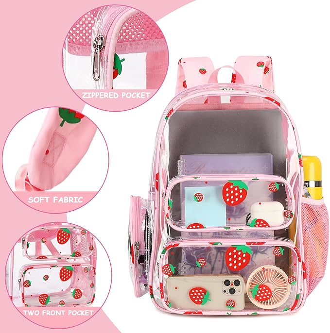 CAMTOP Clear Backpack Heavy Duty Transparent Bag See Through BookBag for Student School Work Festival Sport Travel (Clear Strawberry)