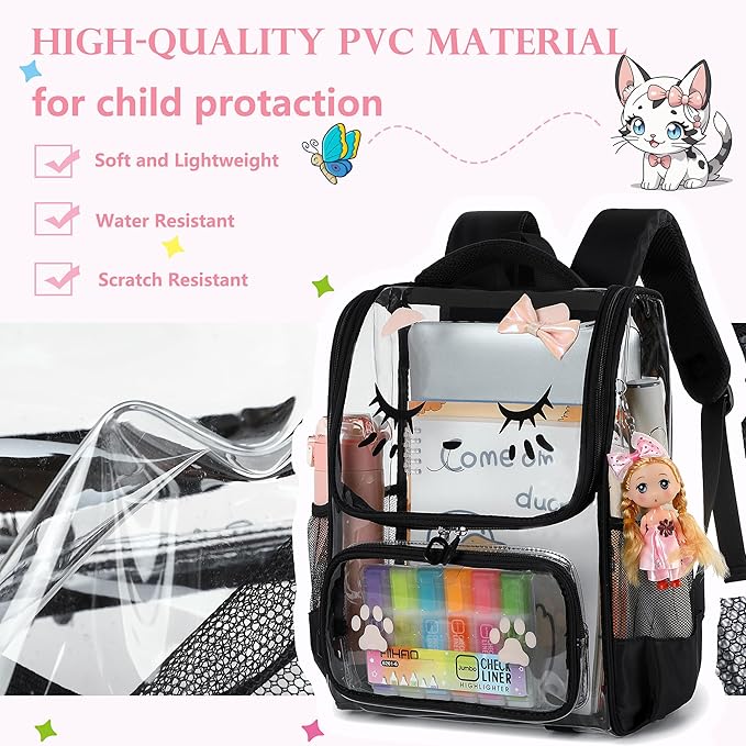 AO ALI VICTORY clear backpack Girls with Tote Bag Heavy Duty PVC Transparent Cute Backpack for Kids Toddler Preschool Bookbags Elementary School Bags See Through Casual Travel Daypack, Balck Set