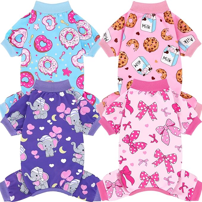 XPUDAC 4 Pieces Dog Pajamas Soft Strechy Puppy Onesies Pet Clothes for Small Medium Dogs Boy Girl Cat Pet Outfit, 153-XS