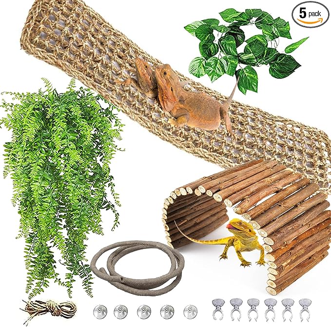kathson Reptile Hideout Wooden Bridge Bearded Dragon Hammock Reptiles Jungle Climbing Vines Flexible Leaves Bearded Dragon Accessories for Lizard Gecko Chameleon Snake Hamster(5 Pcs)