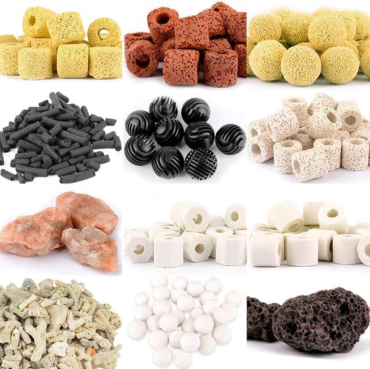 Aquarium Filter Media: 12-in-1 Bio Balls & Ceramic Rings Kit (500g) for Fish Tank or Pond - Includes Zippered Mesh Bag