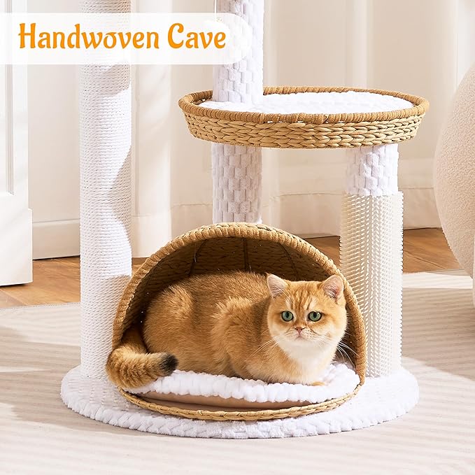 HITTITE Modern Cat Tree Tower with Scratching Post, 46 Inches Tall Cat Towers with Woven Cat Nests and Cave, Multi-Level Cat Tree With Removable Cushions and Massage Brush for Indoor Cats Large Adult.