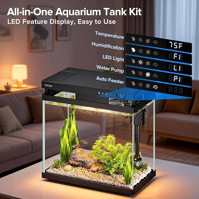 Vehipa Fish Tank, 2.2 Gallon Smart Aquarium, Small Fish Aquarium Kits with Smart Humidifier, Auto Feeder, Silent Water Pump, Temperature Display & 7-Color Lighting, for Office & Home - Black