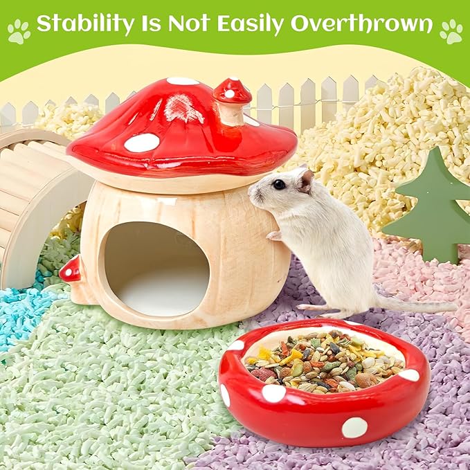 BNOSDM 3-in-1 Ceramic Hamster Hideout, Food Bowl, Water Bottle with Stand - Mushroom Shape - Red