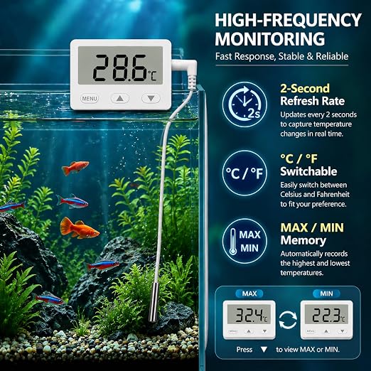Fish Tank Aquarium Thermometer with Probe, 2.65" Large LCD and Alarm | 4.9 ft Probe, 2-sec Refresh, ±1°F Accuracy, -40℉ to 176℉, High Low Alert, Calibration, °F/°C Switch for Betta Turtle Tank