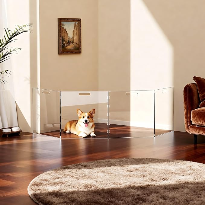 Acrylic Pet Playpen Gate for The House Doorways, Acrylic Pet Gate for Dogs, Freestanding, Clear (4 Panel)