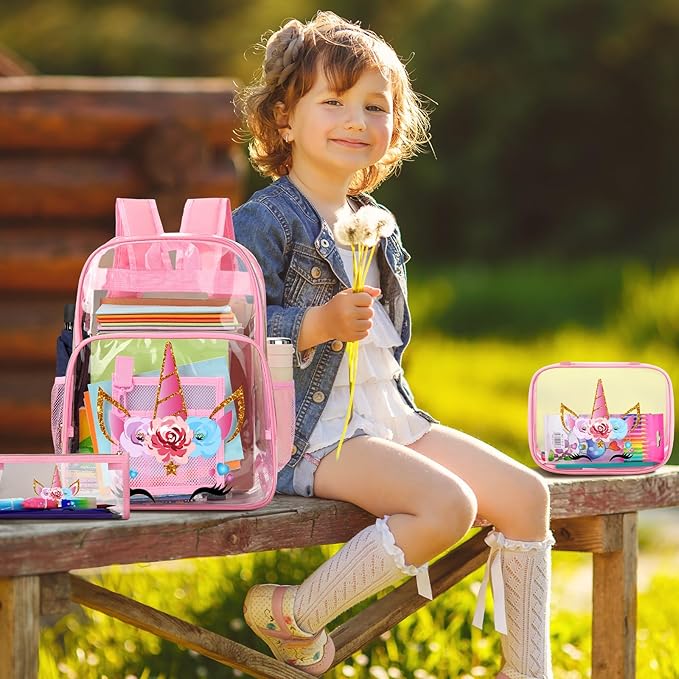 Kacctyen 3 Pcs Clear Backpack Heavy Duty Clear Stadium Bag Transparent Backpack with Lunch Bag(Pink,Unicorn)
