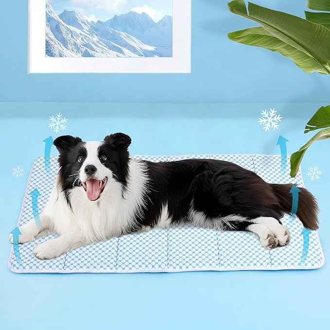 Cooling Dog Mat Q-Max>0.5 - Rapid Cooling Tech, Thin Breathable Crate Pad, Portable Washable Summer Mat, Chill Soothing Fabric - 35"x23" Large Dog, Blue