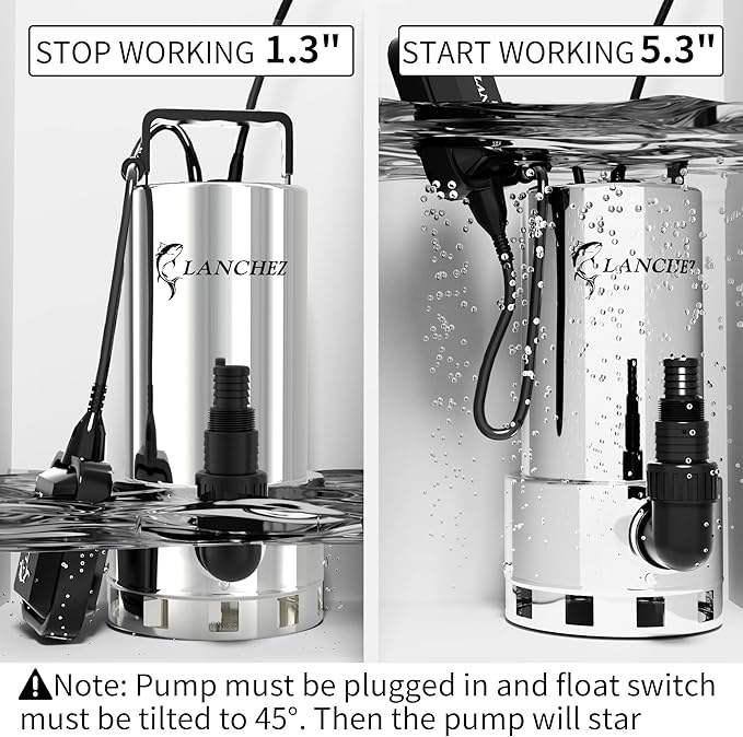 LANCHEZ 1.6HP 6000GPH Sump Pump, Stainless Steel High Flow Submersible Water Pump with Float Switch, Automatic Transfer Water Pump for Swimming Pool Basement Flooded Pit Sewage Sink Tub, Silver