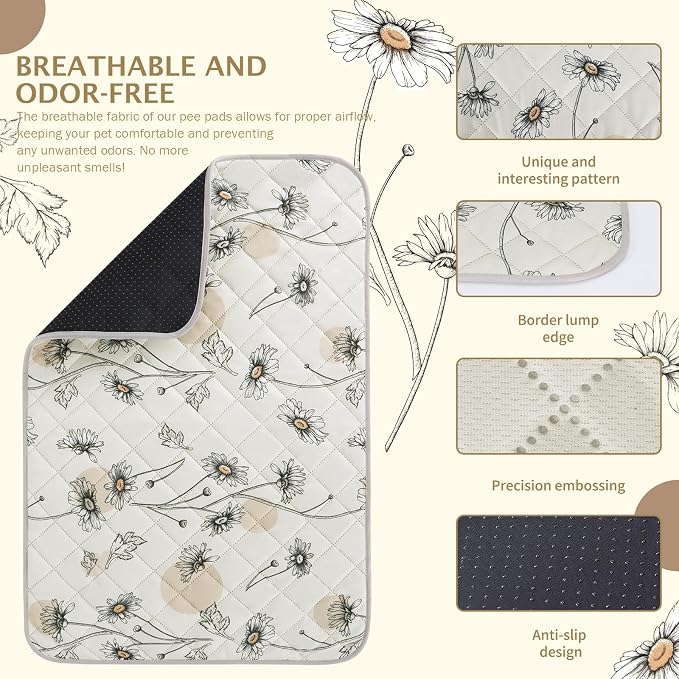 IEUUMLER Washable Pee Pads for Dogs, 2 Pack Non-Slip & Waterproof Pack Whelping Pad, Reusable Washable Puppy Potty Training Pad with Fast Absorbent for Playpen EU007 (Beige Daisy, 30"X20"-2pcs)