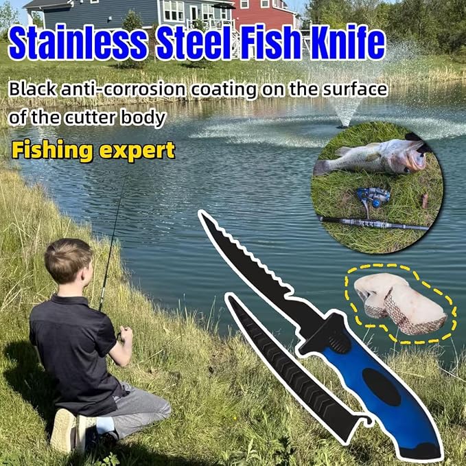 Fishing Knife Set, Fish Cleaning Kit, Filet Knife for Fish, Fish Scale Cleaning Brush, Multi-Functional Scissors, Gloves, Fishbone Tweezers, Storage Bag,Fishing Accessories,Fishing Tool Kit