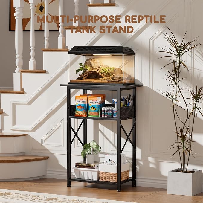 5-10 Gallon Fish Tank Stand with Storage Shelves, 3-Tier Aquarium Stand with Rust-Proof Metal Frame, Heavy Duty Waterproof Reptile Turtle Tank Stand for Home Office Up to 150LBS, 21.5" L x 11.5" W x 30" H, Black