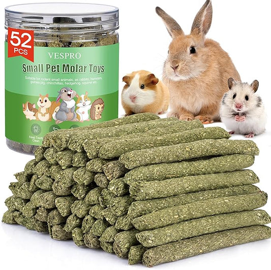 VESPRO 52Pcs Rabbit Chew Sticks, Guinea Pig Toys, Natural Timothy Grass Molar Teeth Stick, Guinea Pig Timothy Hay, Chew Toys for Bunny, Rabbits, Hamsters, Small Animals Treats