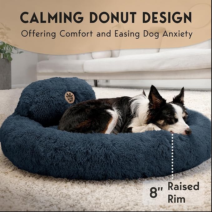 PetJett Dog Beds Large Sized Dog - 36'' Calming Round Bed, Washable Dog Bed - Anti-Slip Super Soft Donut Bed, Fluffy Faux Fur Anti-Anxiety Premium Comfort Pet Bed, Fits Dogs up to 80 lbs - Dark Grey