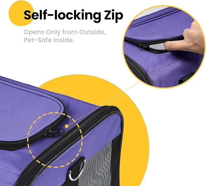 Conlun Cat Carrier Airline Approved, Soft-Sided Dog Carrier with Inner Safety Leash, Pet Transport Carrier for Small-Medium Cats Puppies up to 15 Lbs, Collapsible Travel Kitten Carrier Bag -Purple M