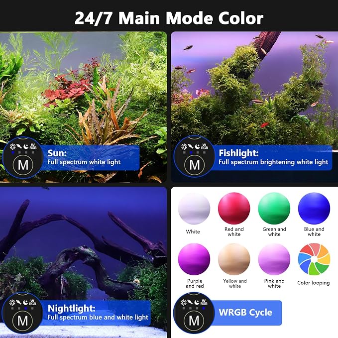 hygger New Mode 24/7 Timer LED Aquarium Light, Auto On Off Full Spectrum Fish Tank Light Fish Colorful/Sun/Nightlight/Wrgb Cycle Mode for Freshwater Plants Tank (for 50in~57in Long Tank)