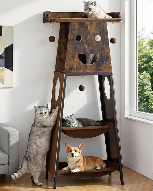 Modern Wood Cat Tree for Indoor Cats, 56 Inch Tall Cat Tower with Hammock, Multi-Level Trees with Perch Bed, 2 Hammock, Cat Condo, Scratching Board, Removable Pad, Cat Furniture, Rustic Brown