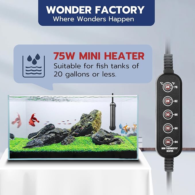 Small Aquarium Heater 75W, Controllable 5 Temperature Modes for 5-15 Gallon Betta Fish Tank Heater, 78°F Mini Submersible 5 Buttons Temperature Constant Easily Setting, Freshwater & Saltwater Tanks