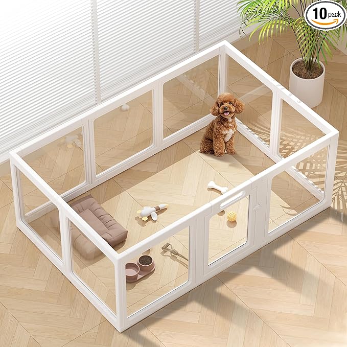 Clear Acrylic Dog Playpen Indoor, Puppy Cat Small Pet Play Pen, Pet Cat Playpen for Rabbits, Dog Fence Crate Kennel Whelping Cage (24", White, 10 Panels)
