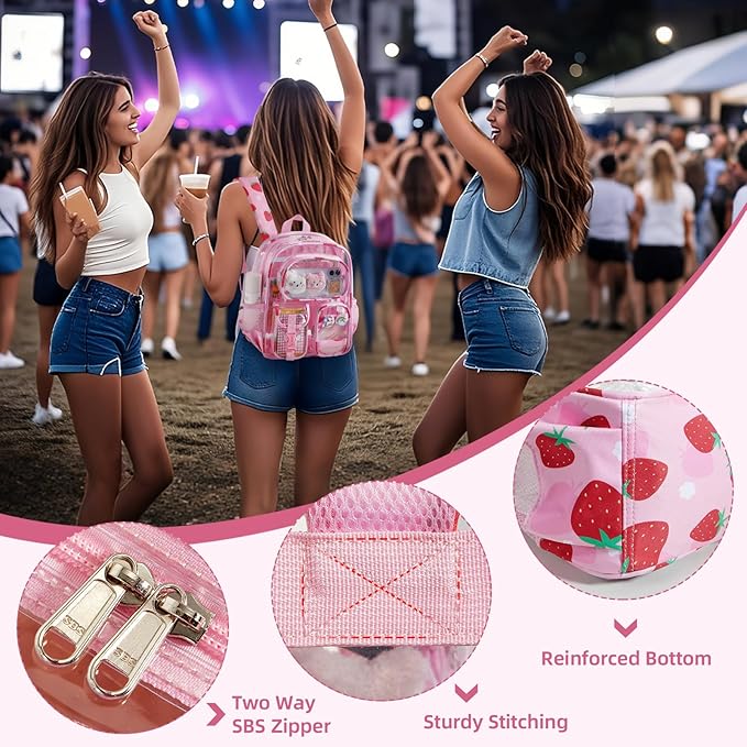 Mini Clear Backpack for Stadium Approved 12x6x12, Small Transparent Backpacks Plastic See Through Clear Bag for Kids Girls Women for Sporting Event, Concerts, Work, Festival (Strawberry)