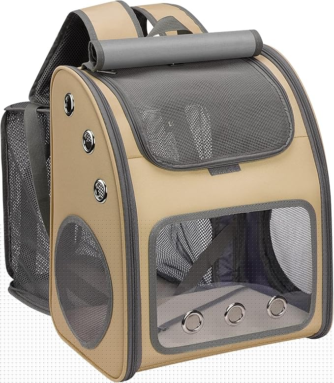Expandable Pet Carrier Backpack for Cats, Dogs and Small Animals, Portable Pet Travel Carrier, Super Ventilated Design, Airline Approved, Ideal for Traveling/Hiking/Camping, Khaki
