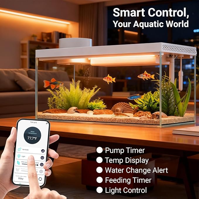 1.3 Gal Glass Desktop Fish Tank Kit with Bluetooth App Control - Automatic Feeder, RGB Lighting, Temperature Monitor & Self-Cleaning Filtration - Small Aquarium for Betta, Guppy, Shrimp