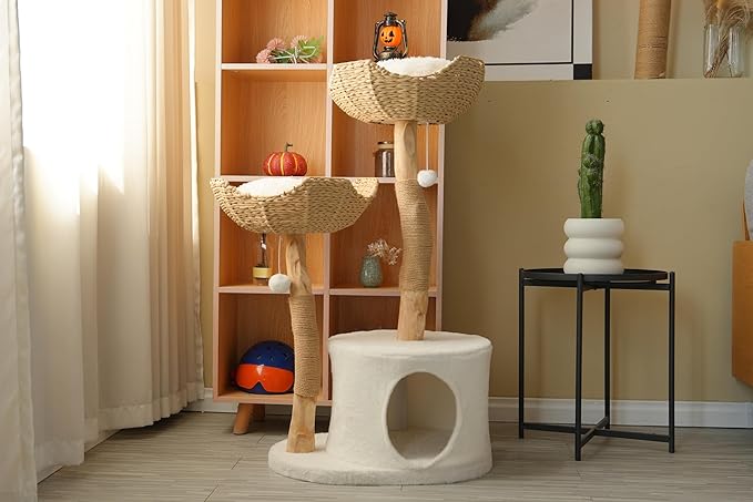 Natural Modern Cat Tree Tower – Wooden Cat Condo with Dangling Ball, Cozy Baskets, Scratching Posts, for Large Indoor Cats, Solid Wood Aesthetic Pet Furniture(43" Tall)