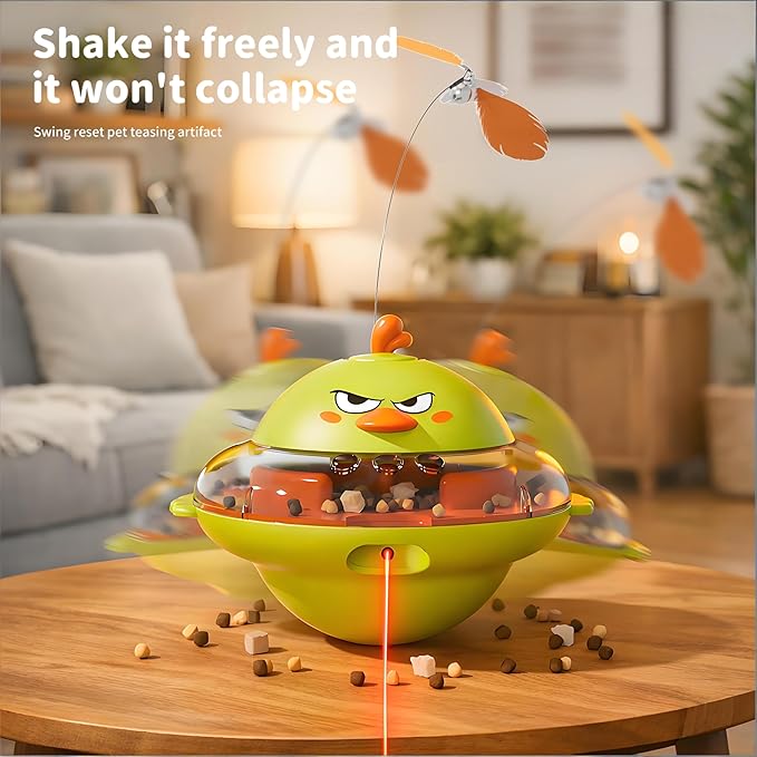 hooroor 4-in-1 Automatic Cat Toy Gift for Cat Owners, Interactive Laser & Feather Teaser with Bird Sounds, Treat Reward, Self-Balancing 360° Spinning Enrichment Exercise Toy for Bored Indoor Cats