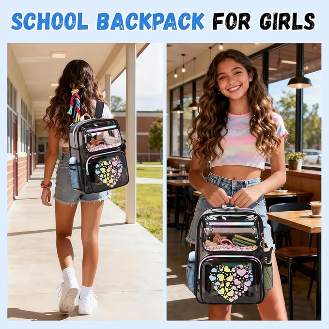 MOONBABY Clear Backpack for School Girls, Heavy Duty TPU Transparent Backpack Stadium Events Approved, Clear Bookbag