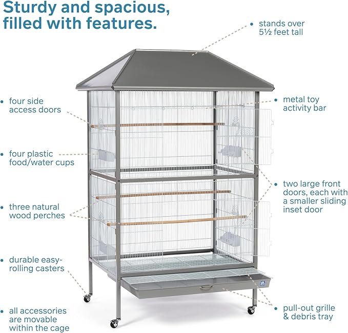 Prevue Pet Products Charming Aviary Jumbo Flight Cage - Large Metal Bird Cage with Rolling Stand, Perches, Feeders & Toy Bar, Ideal for Parakeets, Cockatiels, Lovebirds, Small & Medium Birds - Grey