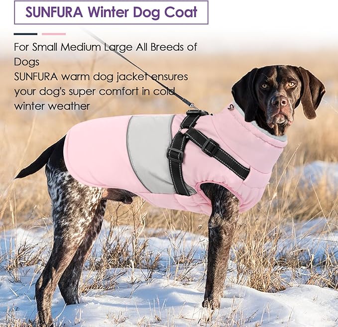 Dog Coat for Large Dogs, Warm Pet Jacket Winter with Harness Built in, Waterproof Pet Snow Jacket with Furry Collar, Reflective Fleece Snowsuit for Extra Large Dogs, Pink XL