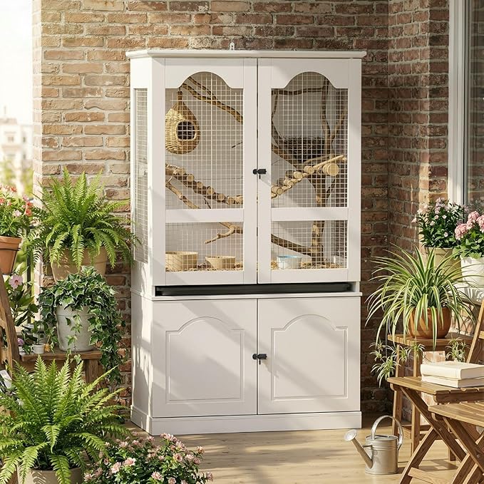 Large Bird Cage with Adjustable Storage Cabinet, White Flight Parakeet Parrot Cage with Pull-Out Tray and 3-Side Iron Mesh Design, DIY-Friendly, Tall Wide Bird Cages for Cockatiels, Finches