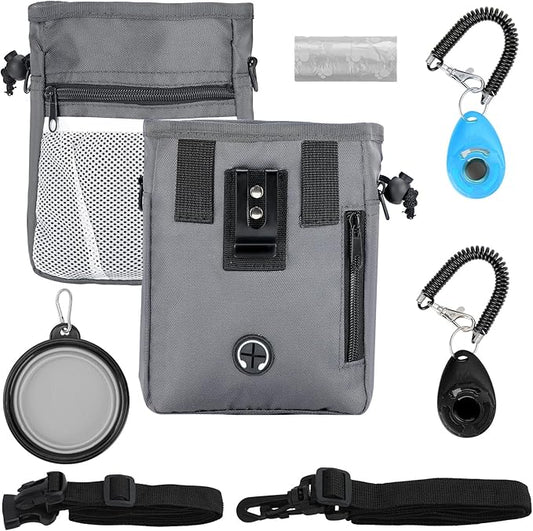Dog Treat Pouch for Pet Training, 3-Way Wear Training Bag with 2 Clickers, Collapsible Bowl & Poop Bag, Large Capacity Dog Training Kit with Adjustable Waist Belt/Shoulder Strap for Walking