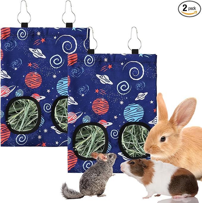JarThenaAMCS 2 Pcs Rabbit Hay Feeder Bag with 2 Holes Guinea Pig Hanging Hay Feeding Bag Blue Galaxy Storage Dispenser for Chinchilla Hamster Bunny Small Animal Pet, 11.5 x 9 Inch
