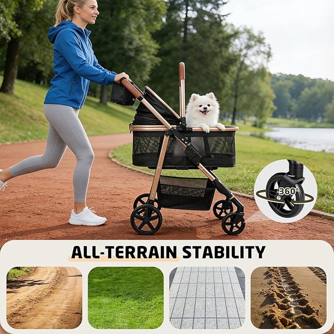 Pet Stroller for Small/Medium Dogs & Cats Up to 50 lbs, 3-in-1 Foldable Stroller w/Detachable Carrier & Car Seat, Removable All-Season Liner, Sunshade, Storage Basket & Cup Holder, All-Terrain, Black