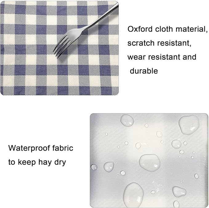 Rabbit Hay Feeder Bag, Large Capacity Rabbit Hay Bag Small Animal Hanging Hay Bag 600D Oxford Cloth Bunny Hay Feeder Bag for Rabbits Guinea Pigs Chinchillas (Plaid-4 Holes-1Pcs)