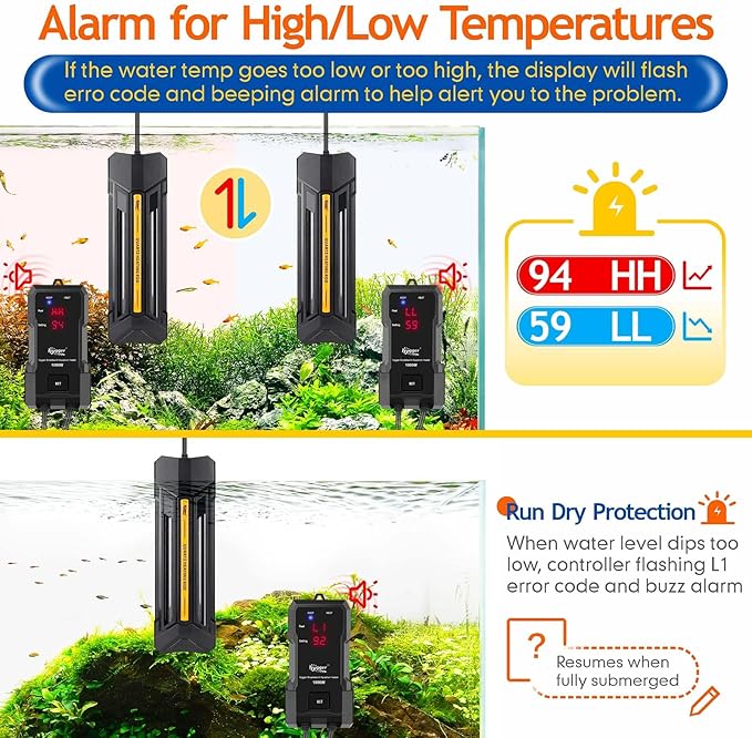 hygger 1200W Aquarium Heater with Controller, Adjustable & Submersible Fish Tank Heater with Digital Display Safety Triple Protection Beeping Alarm for Saltwater and Freshwater 160-280 Gallon
