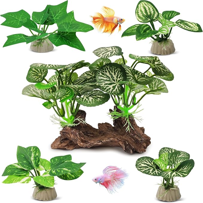 GOZILLA Silk Fish Tank Plants,Reptile Artificial Plant,Reptile Plants for Terrarium,Aquarium Decorations Accessories Set,Resin Driftwood Artificial Silk Aquarium Plant for Fish Tank.(5PCS/D-Set)