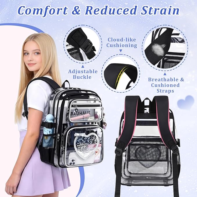 Clear Backpack for School Girls, Cute Heavy Duty PVC Transparent Bookbag, See-Through Bag for Stadium Event Black